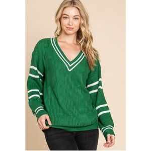 Green V-Neck Sweater with White Stripes NWT
Vanilla Bay-Women’s size S